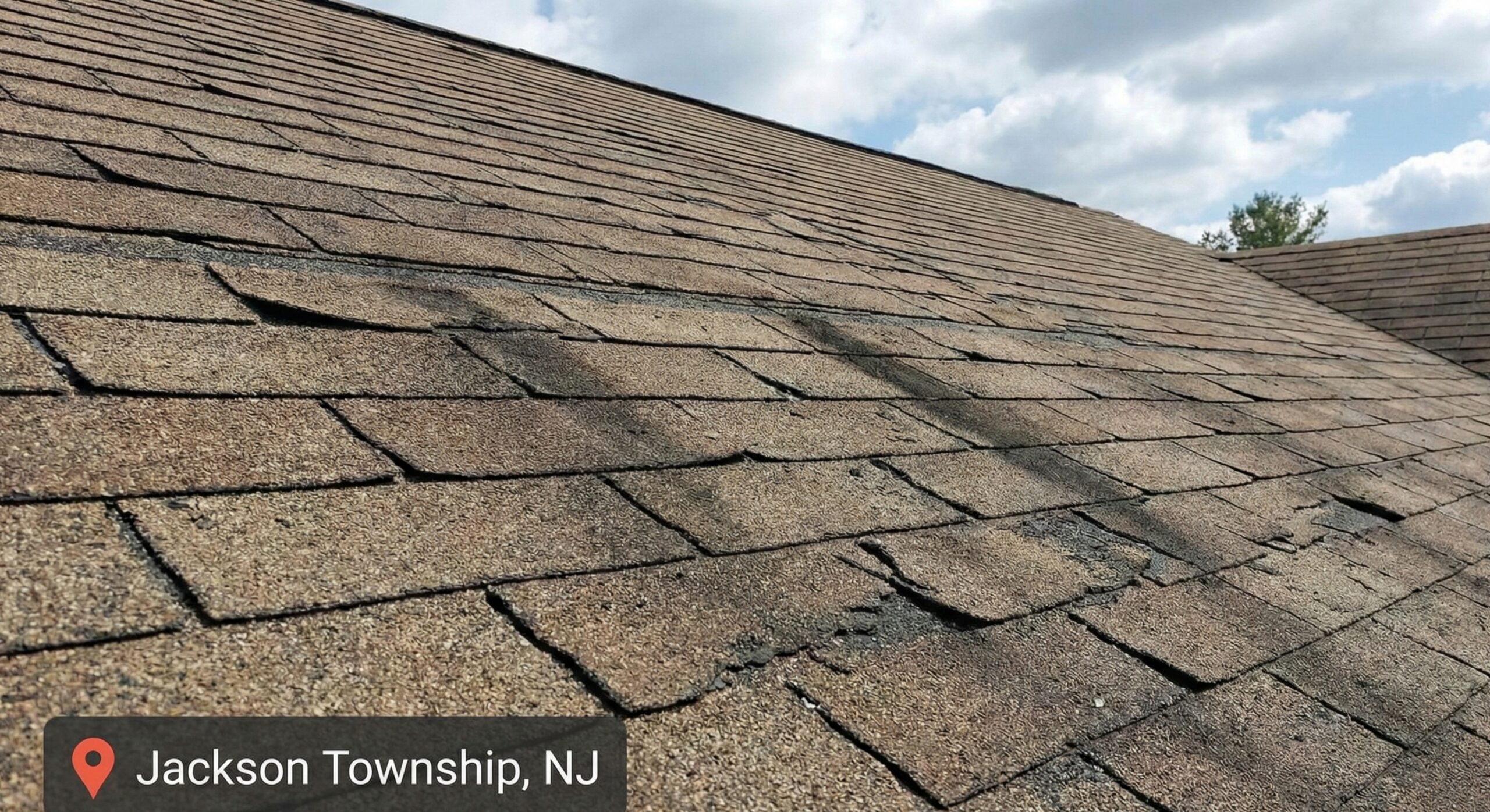 Curling and cracked asphalt shingles showing signs of roof aging on a Jackson NJ home