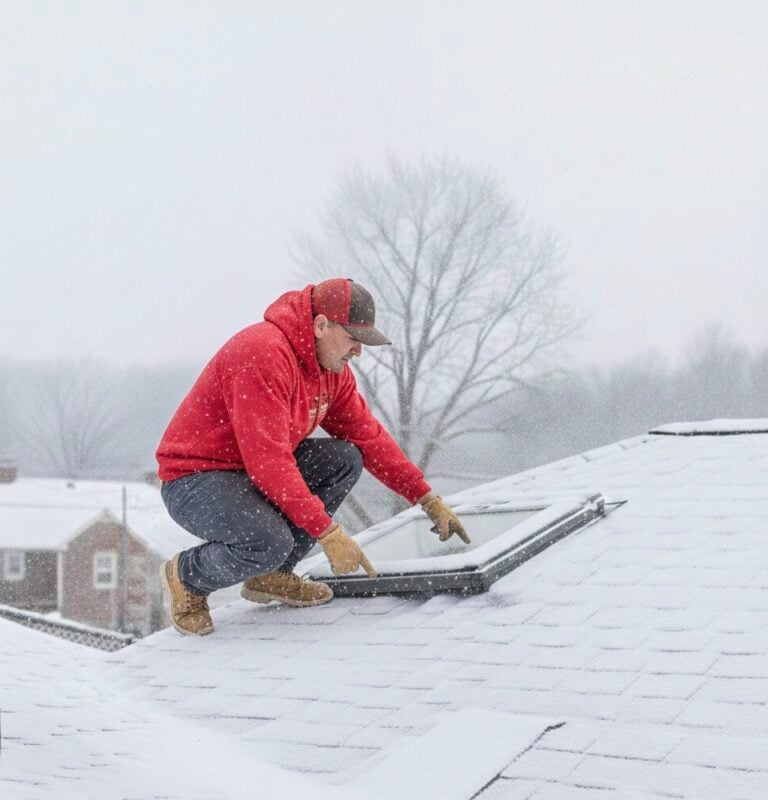 Professional roofing contractor in a red hoodie inspecting a snow-covered roof and skylight during winter to prevent leaks.