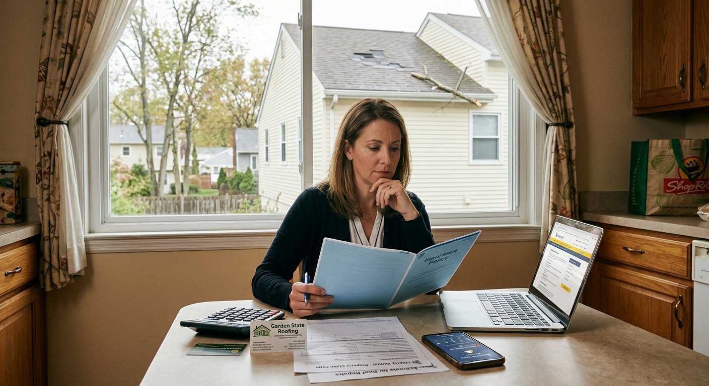 New Jersey homeowner reviewing insurance paperwork and roof damage estimate while deciding whether to file a claim after storm damage