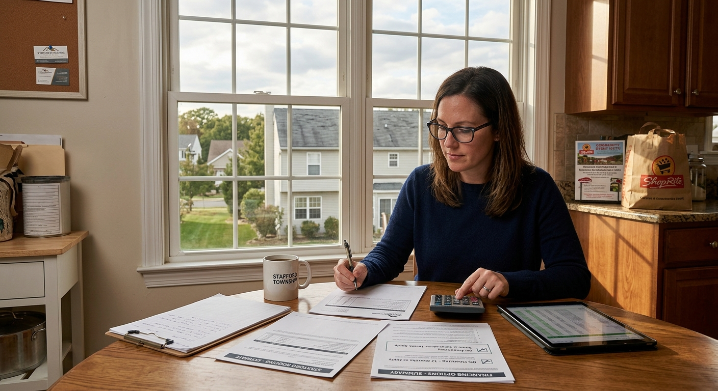 Homeowner reviewing financing documents and contractor quotes at kitchen table while researching home improvement options