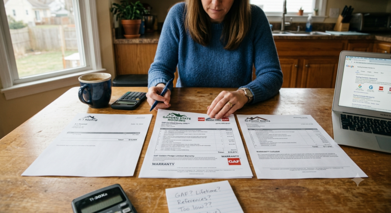 Homeowner comparing three roofing contractor estimates on kitchen table with calculator and notes