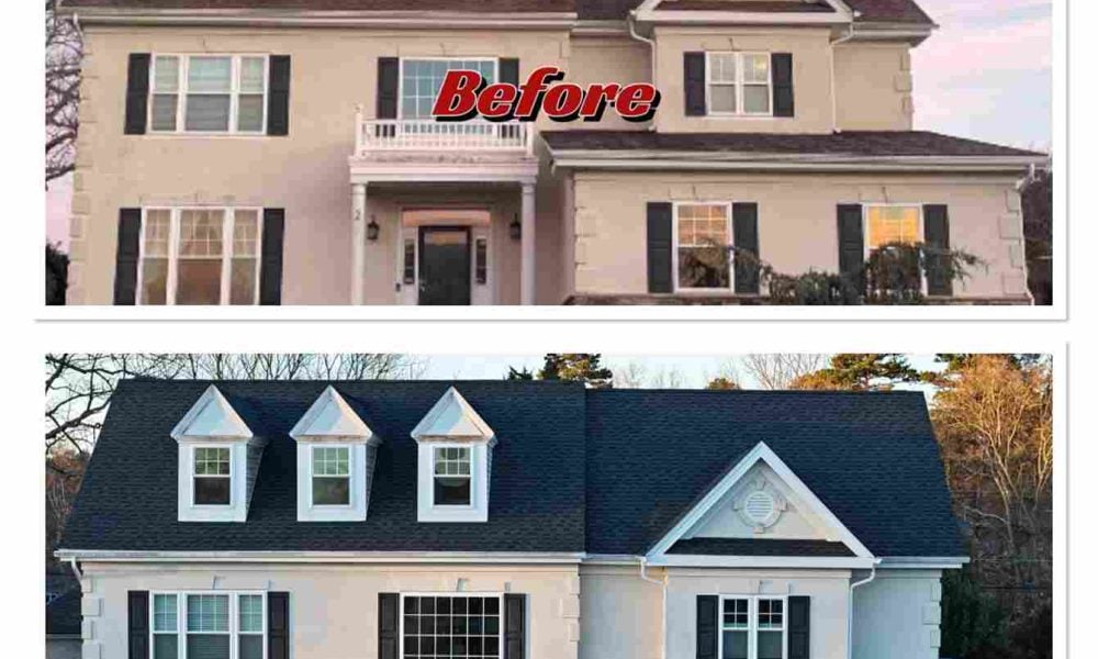 Before and after images showcasing a house transformation with a newly installed roof, highlighting improved aesthetics.
